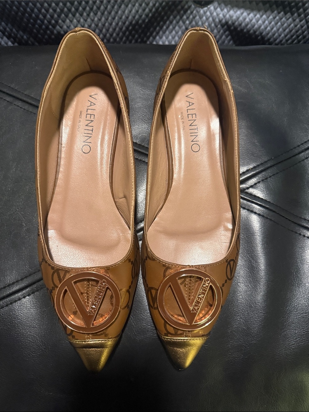 Valentino Tan Leather Pointed-Toe Logo Pumps with Gold Accents